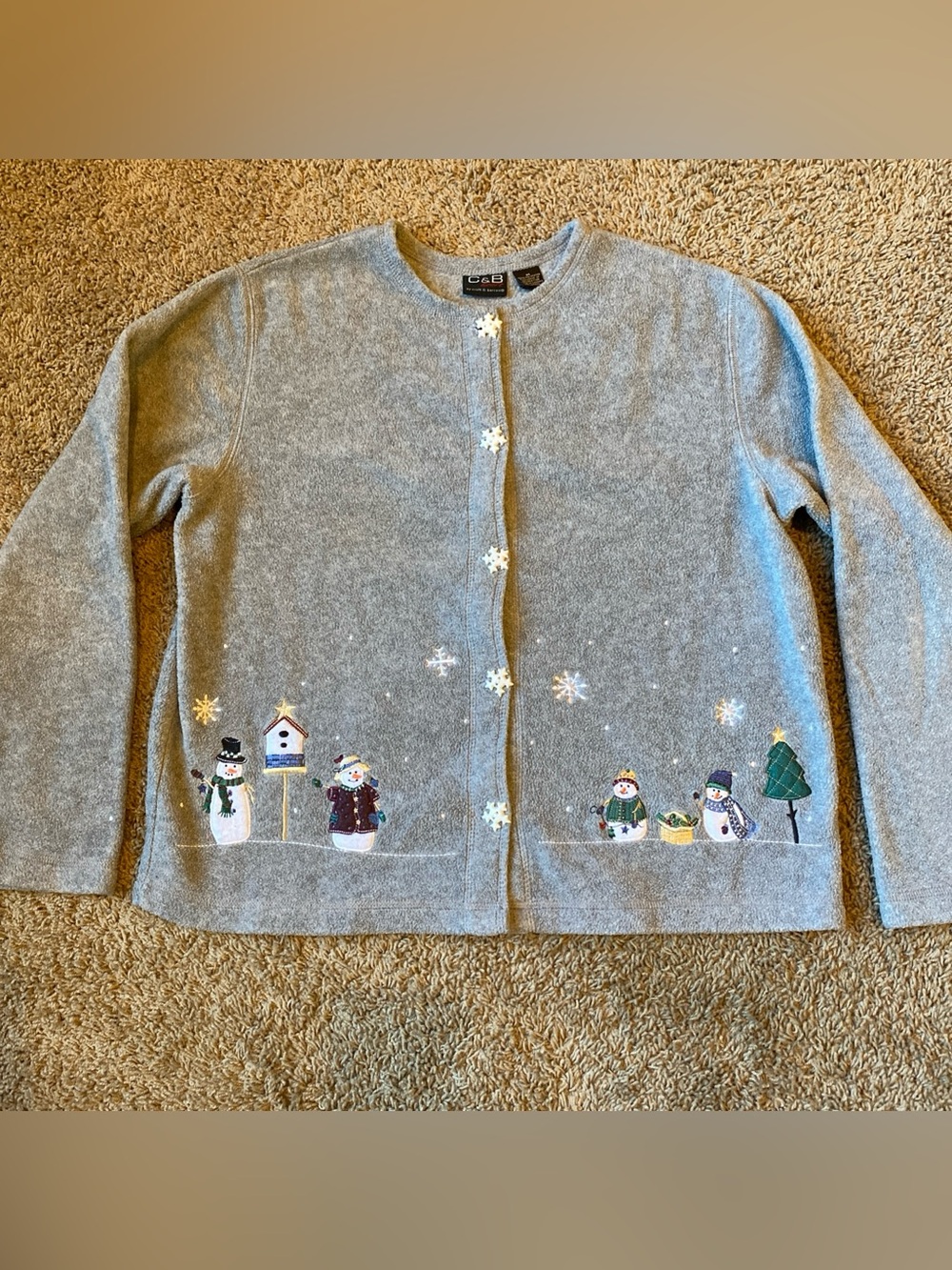 Vintage C&B Sport Snowman Fleece Christmas Sweater Womens M Grandma Holiday Gray